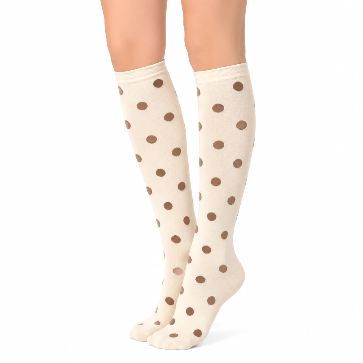 Kniestrümpfe 35-38 aus Stricktextil Cremebraun mit Punkten für Damen