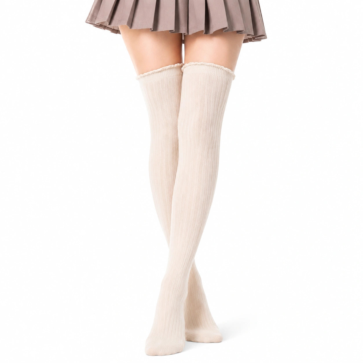 Overknee-Strümpfe Größe 35-38 aus Rippstrick in Creme mit Rüschenbund